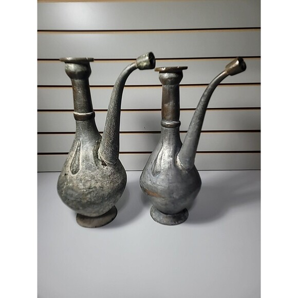 Antique Persian Copper Aftabeh Pitcher Water Ewer Set Of 2 Metal Jugs - Picture 1 of 9